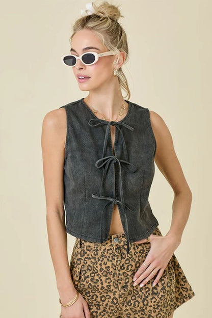 Denim Summer Top Women Sleeveless Front Open