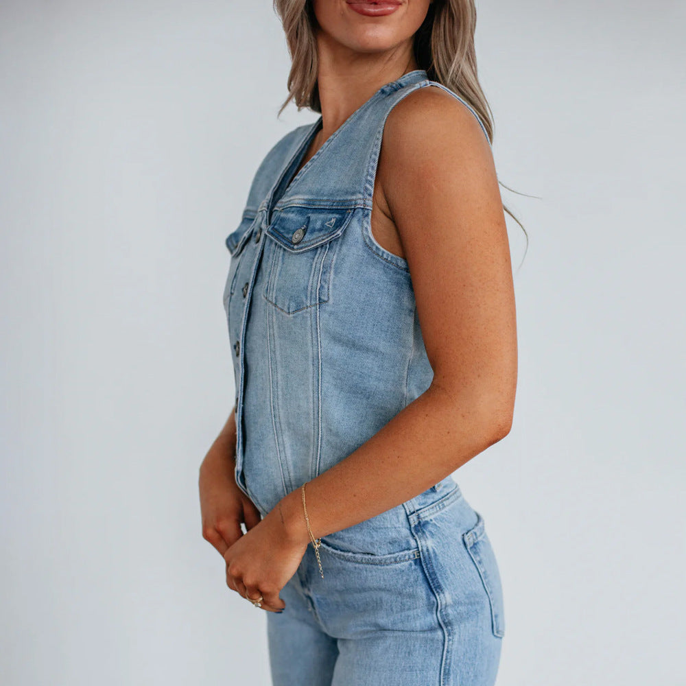 denim motorcycle vest with flap pockets