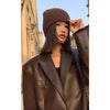 Women faux leather blazer suit jacket brown