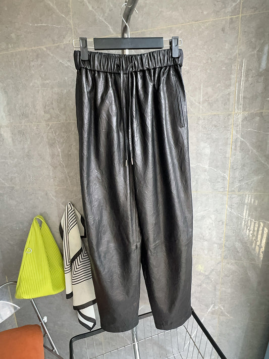 Women Genuine Leather Trousers Elastic Waist Carrot Pants
