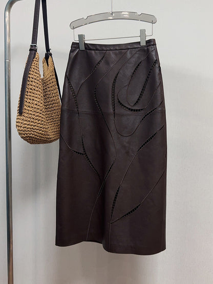 Women’s Leather Maxi Skirt with Embroidered Hollow Detailing