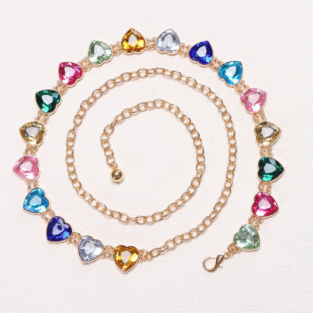 Women’s Multicolor Heart Chain Belt with Gold Tone Links