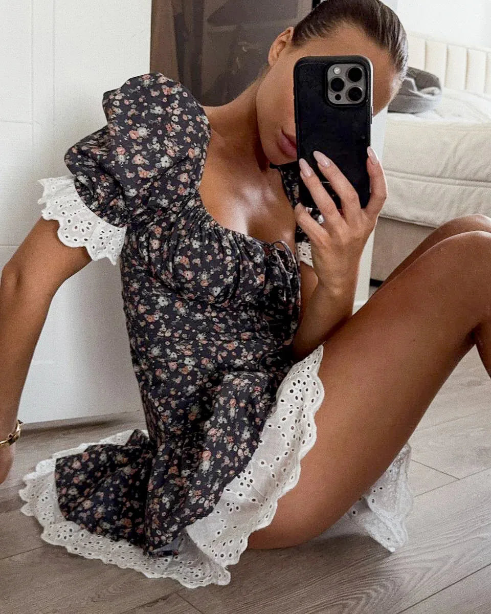 New french lace floral mini dress