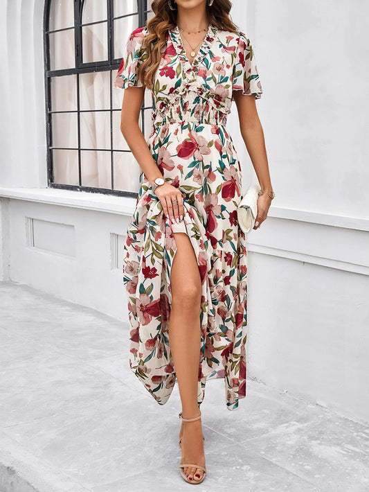 Stay cool in this cream floral maxi dress featuring a v-neckline, smocked waist, and tiered hem—perfect for sunny days in Christchurch or your next vacation getaway.
