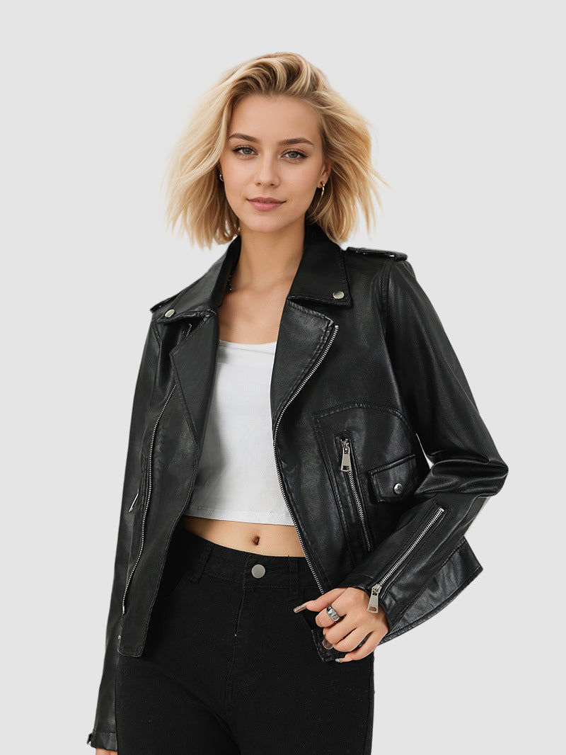 Black Faux Leather Moto Jacket with Zipper Pockets for Women