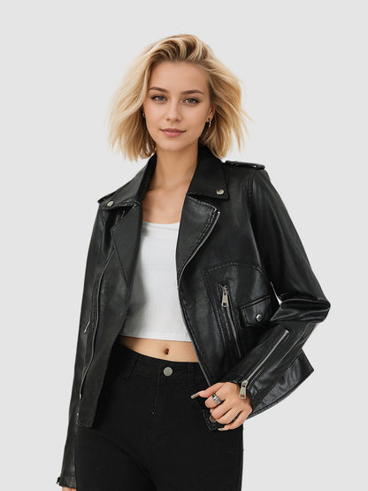 Black Faux Leather Moto Jacket with Zipper Pockets for Women