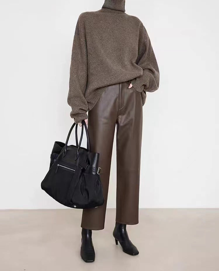 Women’s High Rise Genuine Straight Leather Pants Brown