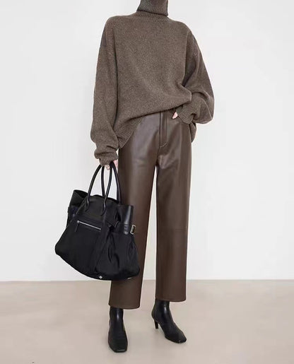 Women’s High Rise Genuine Straight Leather Pants Brown