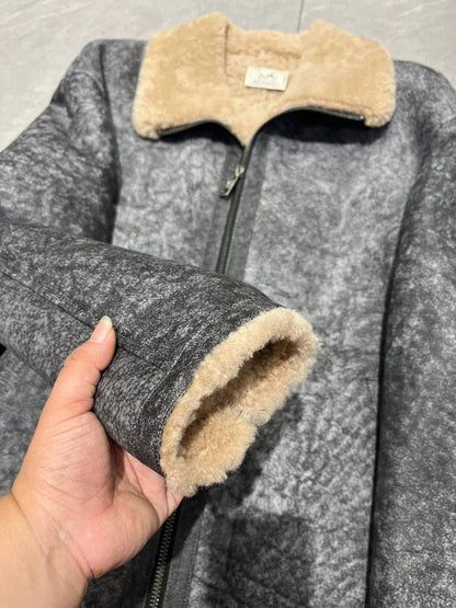 Men Real Shearling Bomber Jacket Aviator Winter Coat