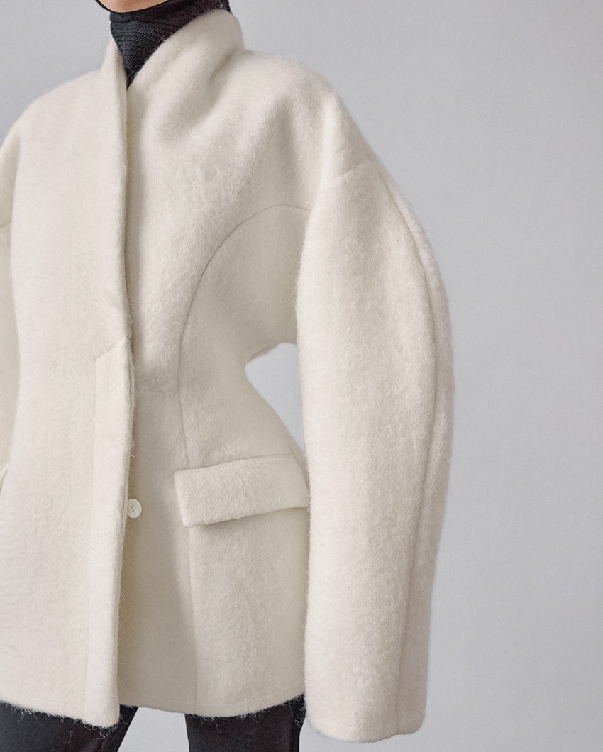 Women Thick Woolen Coat with Semi-High Collar