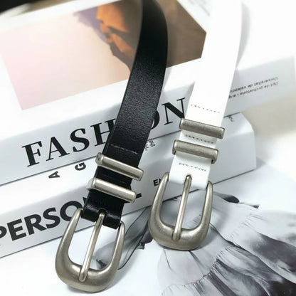 Retro silver buckle cowhide women leather belt