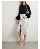 Silver Metallic Leather Skirt High Waist Midi with Front Slit