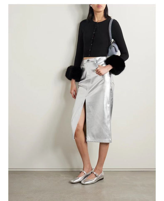 Silver Metallic Leather Skirt High Waist Midi with Front Slit