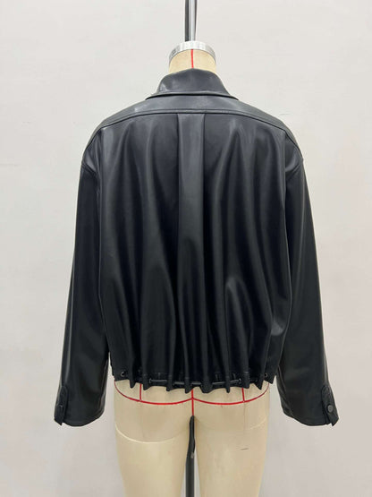 Black Glossy Faux Leather Cropped Jacket with Drawstring Hem for Women