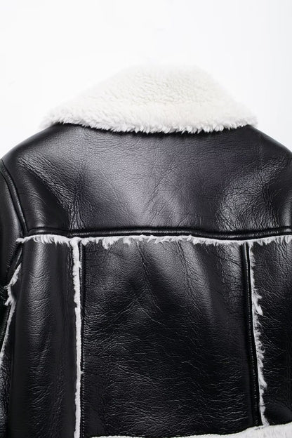 Cropped Faux Leather Bomber Jacket Women with Faux Fur Collar