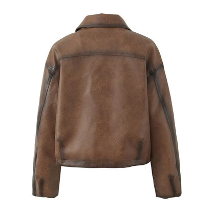 Brown Faux Leather Bomber Jacket for Women Cropped