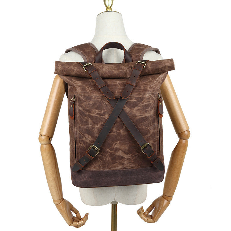 Waxed Canvas Backpack with Genuine Leather and Roll Top Design