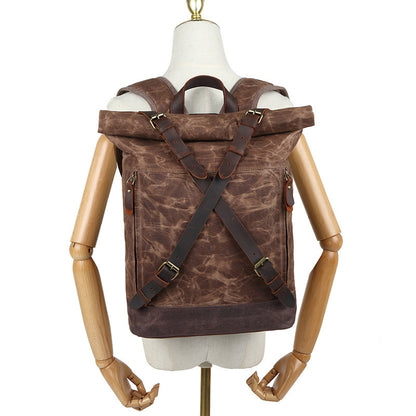Waxed Canvas Backpack with Genuine Leather and Roll Top Design