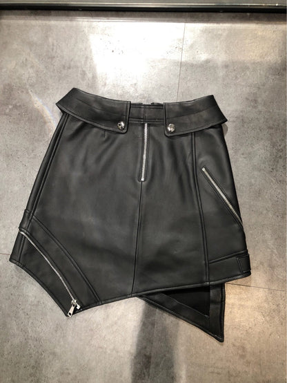 High-Waisted Irregular Hem Motorcycle Leather Mini Skirt