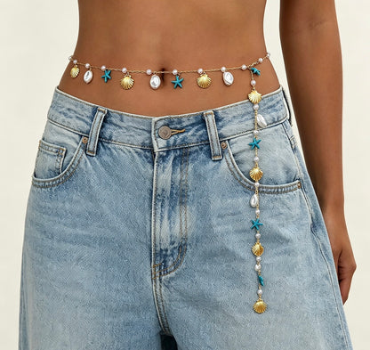 Women’s Starfish Shell Waist Chain with Pearl Charms