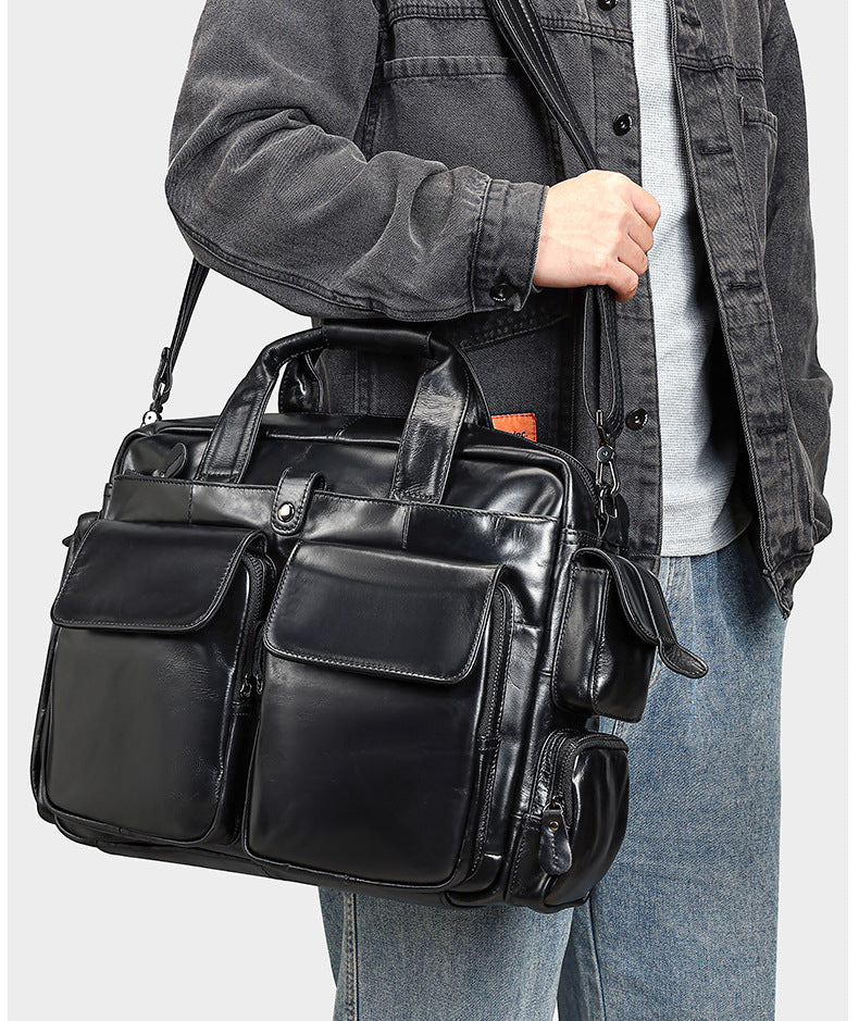 Genuine Leather Office Briefcase Bag with Suitcase Sleeve