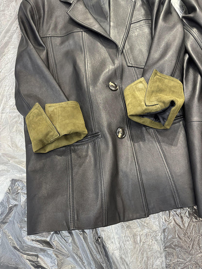 Women Leather Jacket Mid-Length Blazer with Suede Cuffs