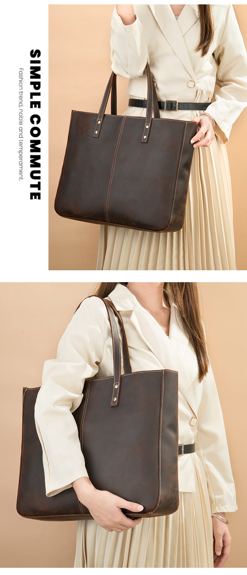 Brown Leather Tote Bag with Zipper for Men and Women