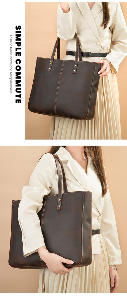 Brown Leather Tote Bag with Zipper for Men and Women