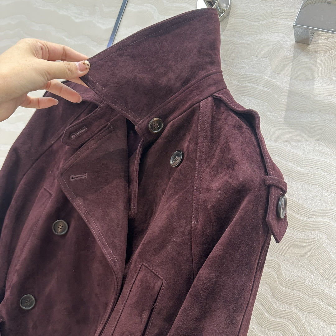 Women Cropped Suede Short Trench Jacket with Belt