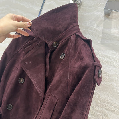 Women Cropped Suede Short Trench Jacket with Belt