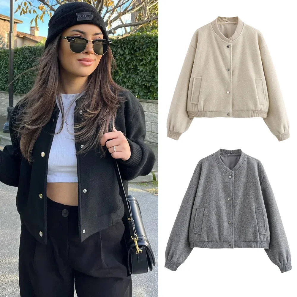 Women Loose Wool Bomber Pilot Jacket