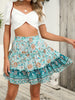 Mini skirt with teal floral ruffle tiers
