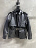 Moto Bomber Women Leather Jacket with Belted Waist Black S