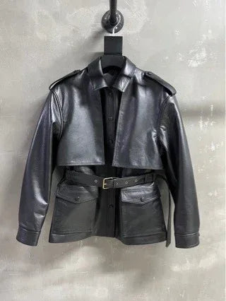 Moto Bomber Women Leather Jacket with Belted Waist Black S
