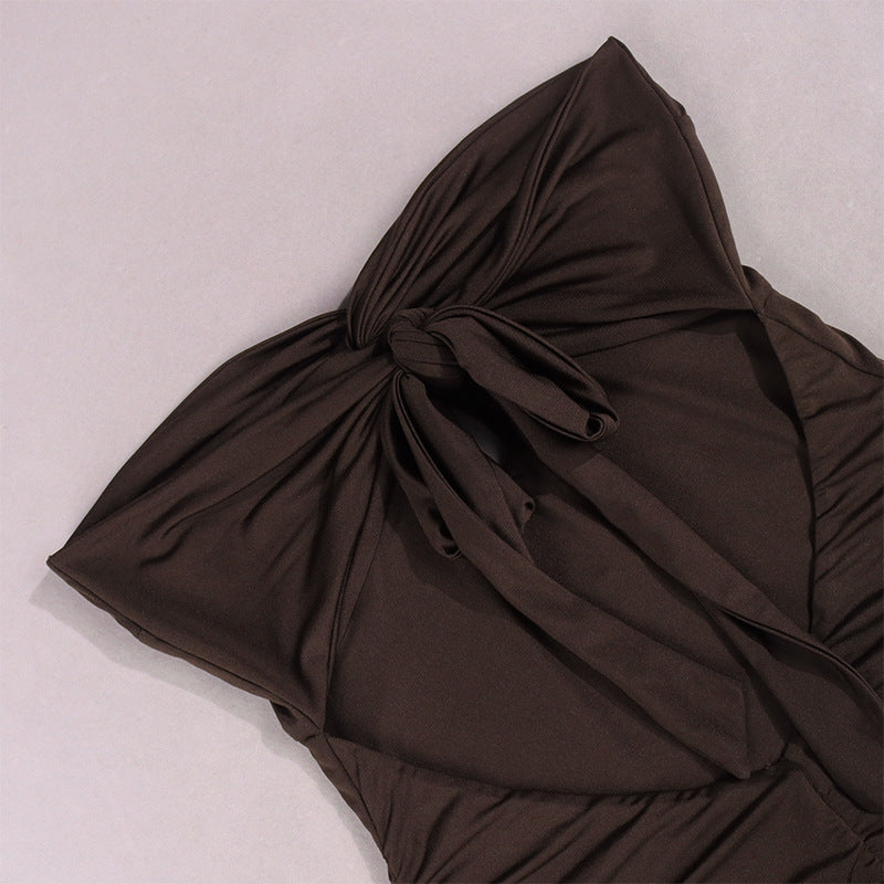 Brown ruched tube dress with twist bust detail