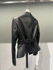 Women Leather Bomber Belted Jacket Black Moto Blazer for Women