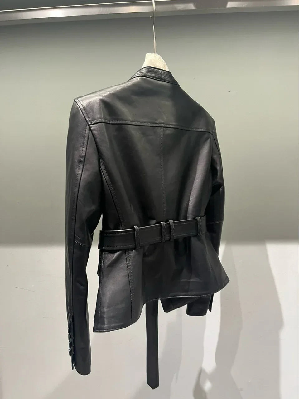 Women Leather Bomber Belted Jacket Black Moto Blazer for Women