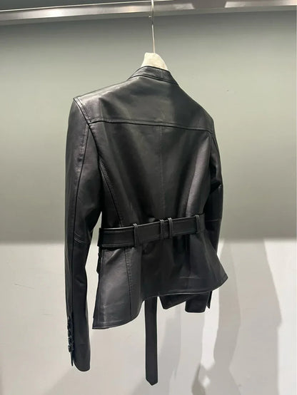 Women Leather Bomber Belted Jacket Black Moto Blazer for Women