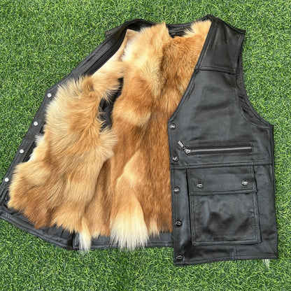 Men’s Leather Vest with Warm Lining and Multiple Utility Pockets
