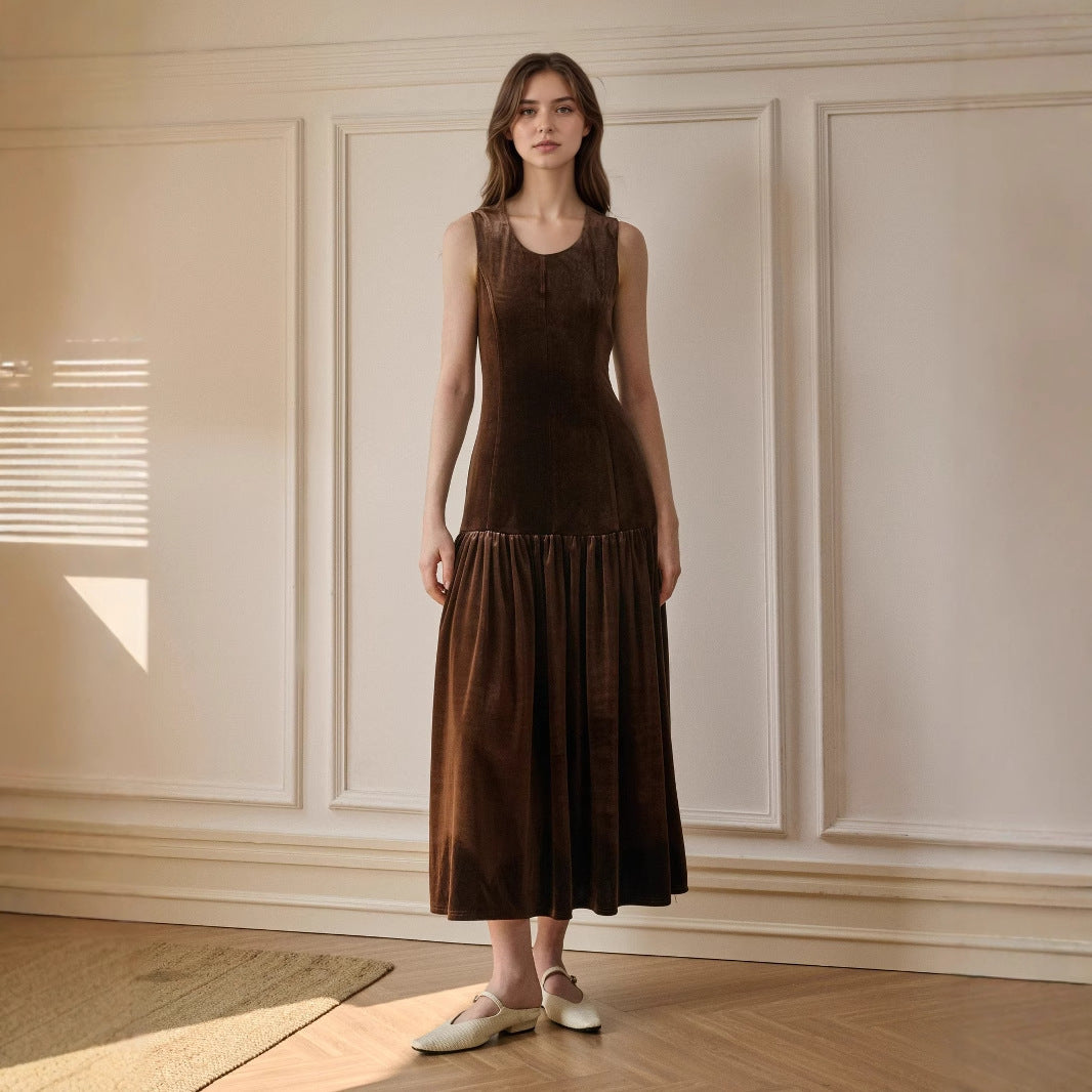 Velvet Midi Dress Women Solid Color Sleeveless