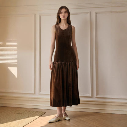 Velvet Midi Dress Women Solid Color Sleeveless