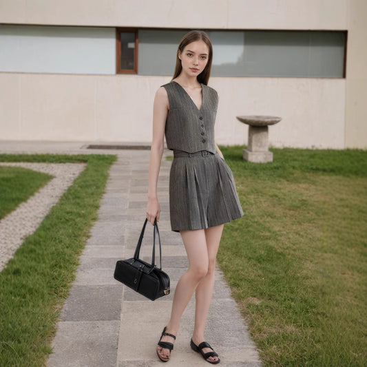 Women Co Ord Two Piece Suit Gray Pinstripe Vest and Shorts