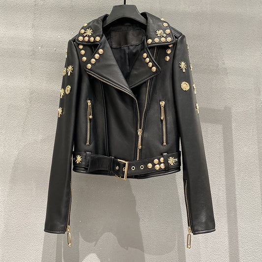 Women Studded Punk Rock Leather Jacket Heavy Rivet