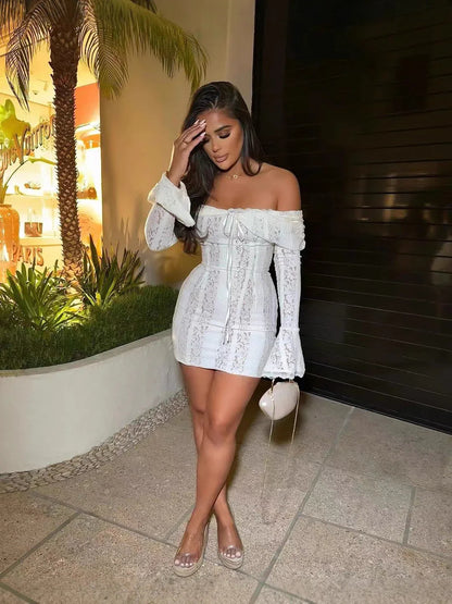 Off shoulder lace bodycon mini dress with flared sleeves 2 XS