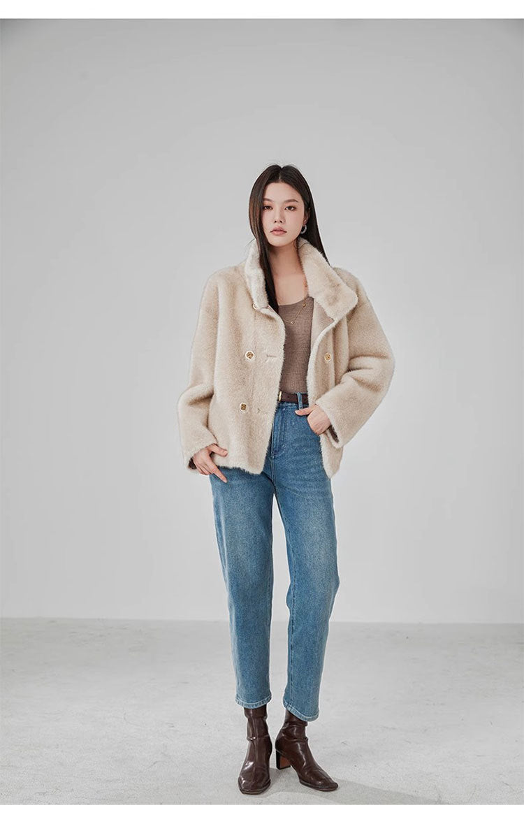 Short Mink Fur Coat Women Double Breasted Winter Jacket