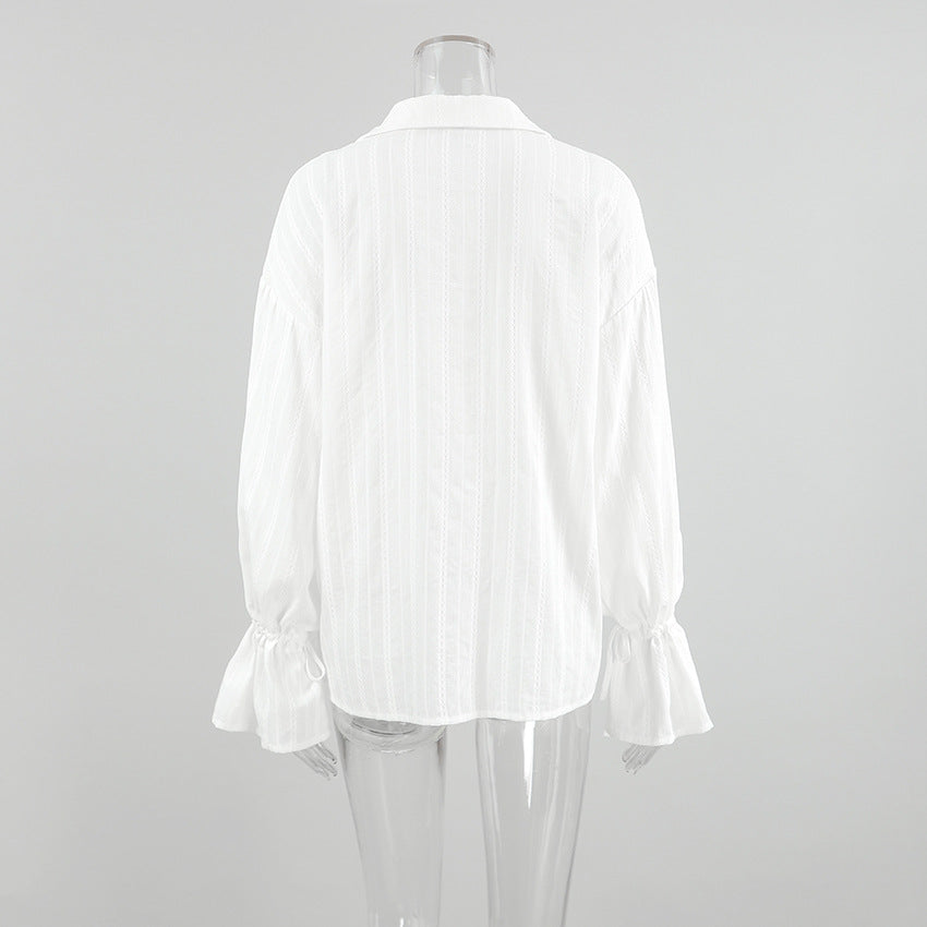 Women’s White Jacquard Cotton Shirt with Bell Sleeves