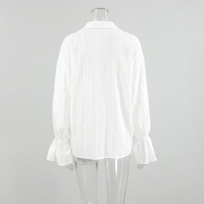Women’s White Jacquard Cotton Shirt with Bell Sleeves
