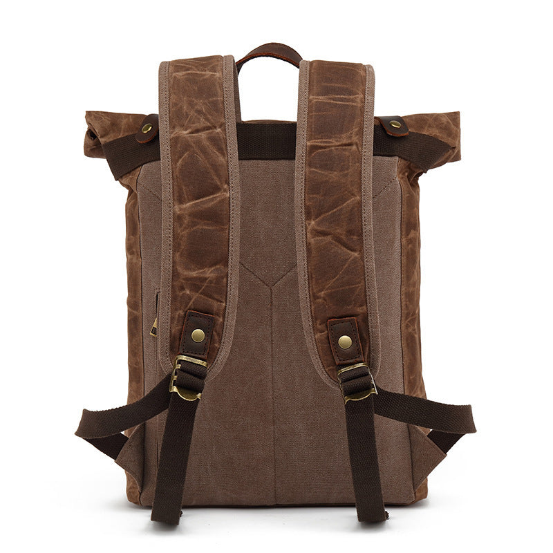 Waxed Canvas Backpack with Genuine Leather and Roll Top Design