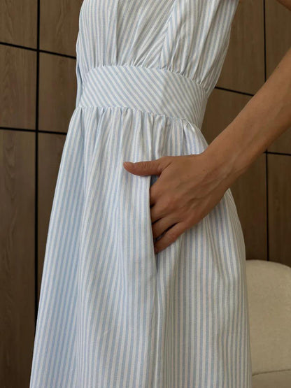 Women’s Striped Sleeveless Midi Dress Button Down A-Line