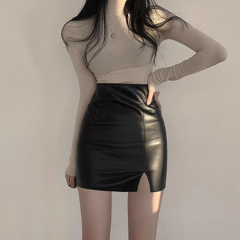 Faux Leather Skirt Zipper Back Split Hem